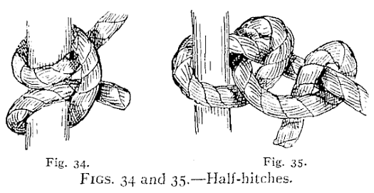 Figs. 34 and 35, Half-hitches, a drawing from the 1912 manual